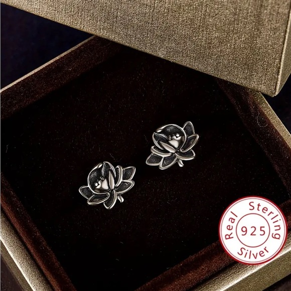 Sterling Silver Lotus Stud Earrings - Picture 2 of 4